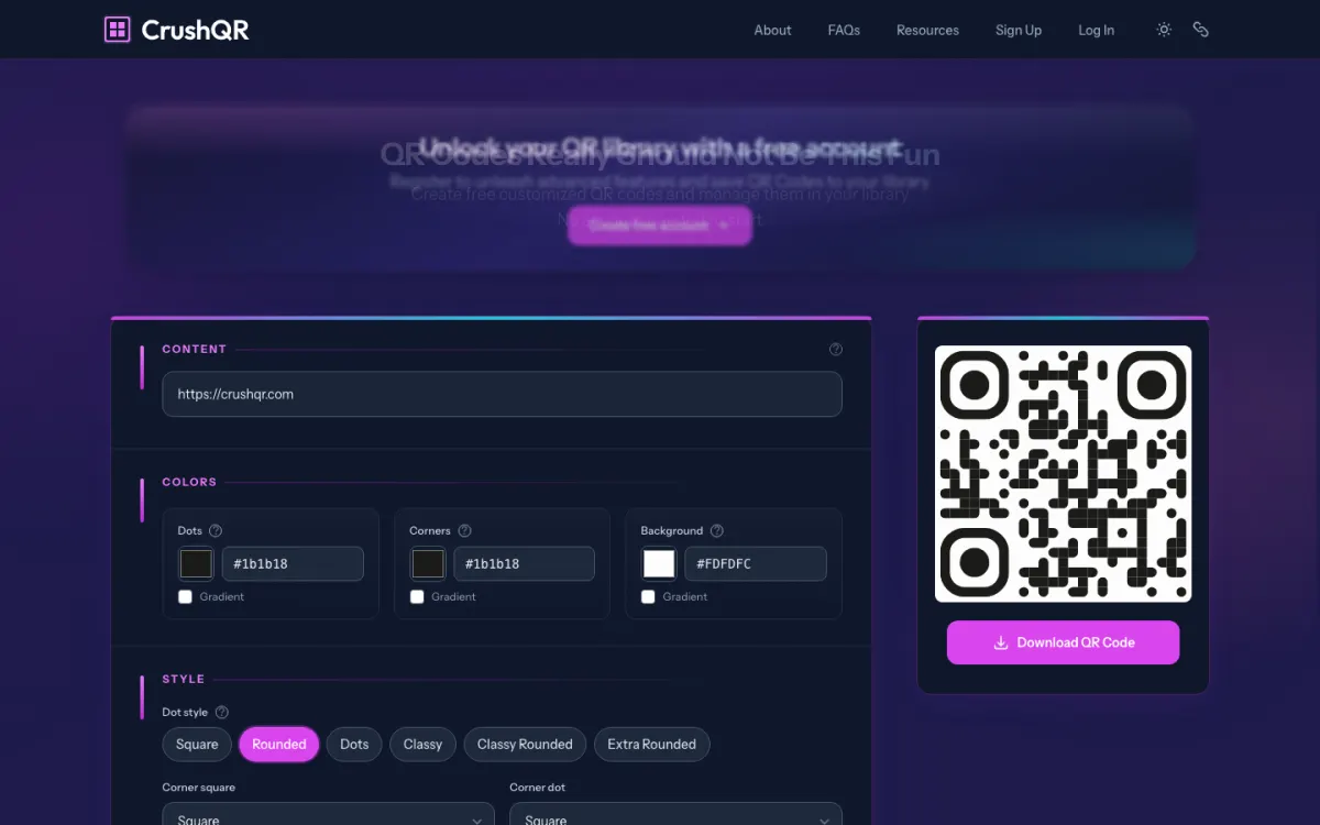 CrushQR QR code generator with color, gradient, and dot style controls and a live preview