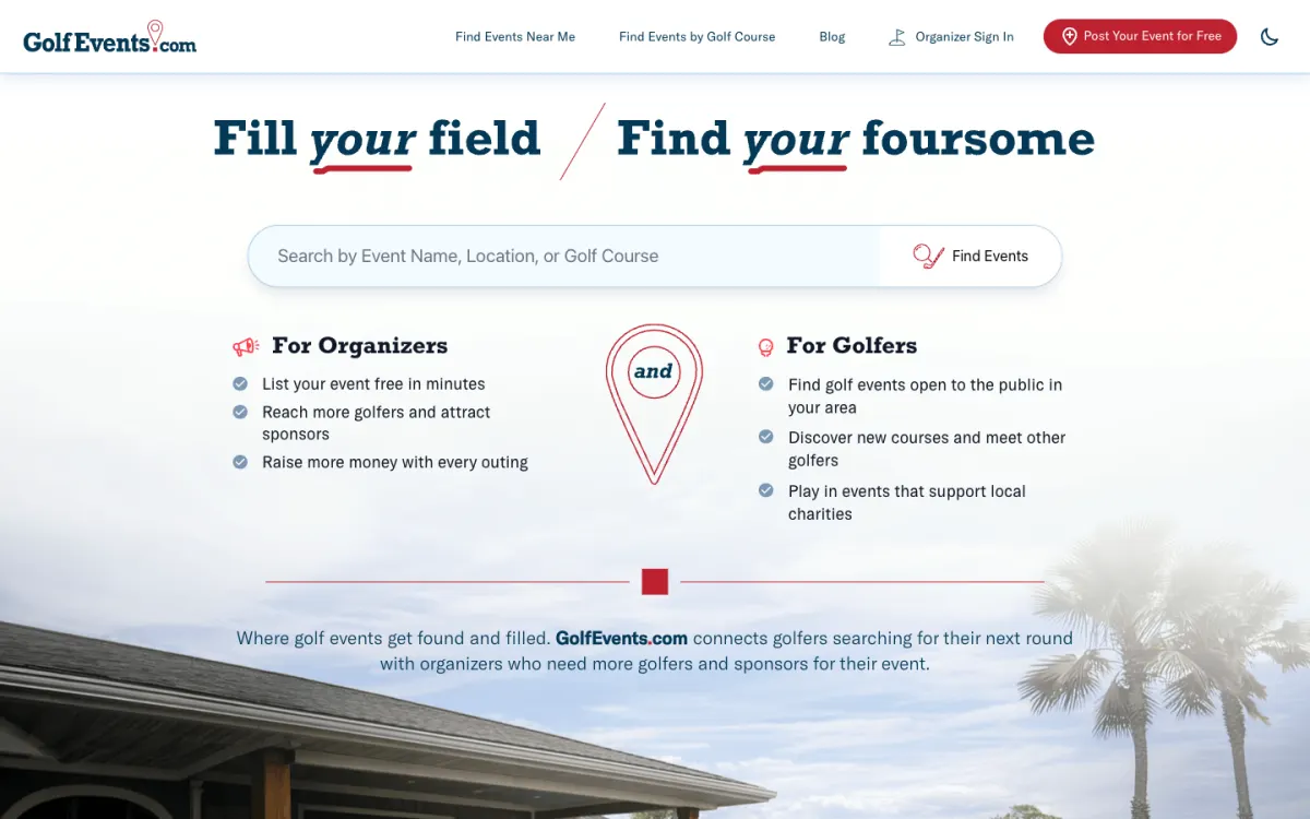 GolfEvents.com homepage: Fill your field, find your foursome