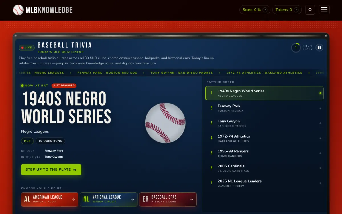 MLB Knowledge homepage: today's baseball trivia lineup with a pitch clock and batting order