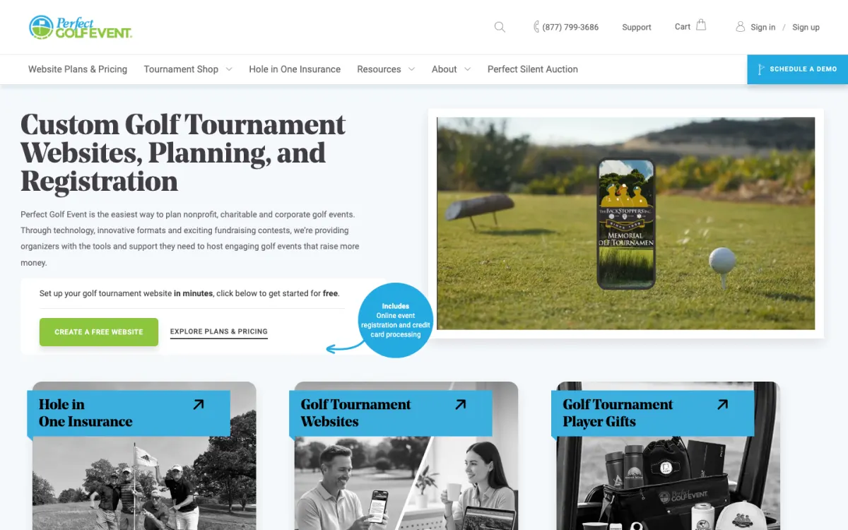 Perfect Golf Event homepage: custom golf tournament websites, planning, and registration