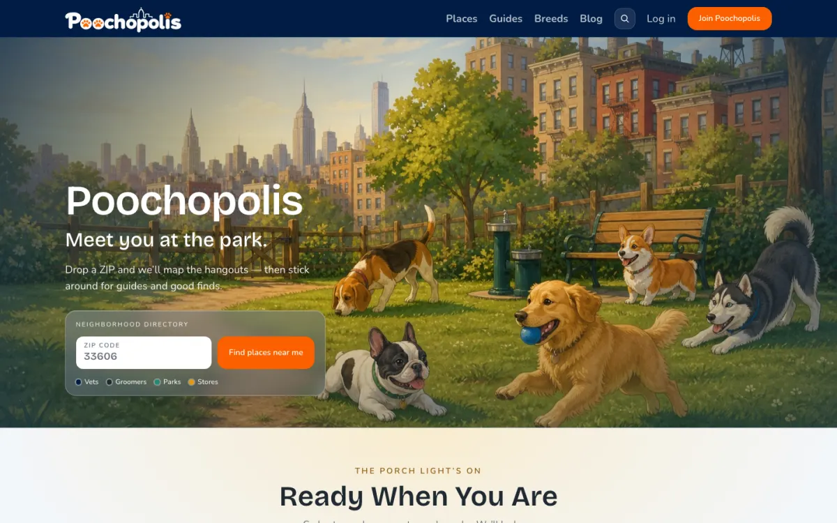Poochopolis homepage: illustrated dog park with a ZIP code search for vets, groomers, parks, and stores
